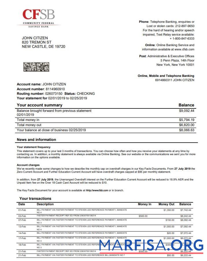 Printable USA New York CFSB bank statement sample